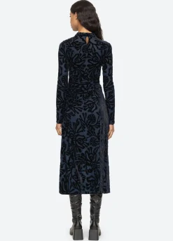 Alia Stretch Burnout Velvet Dress ~Navy