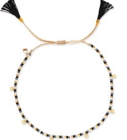 Beaded Black Tassel Bracelet with Gold Disc Charms