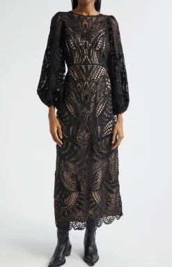 Black Nature Guipure Midi Dress