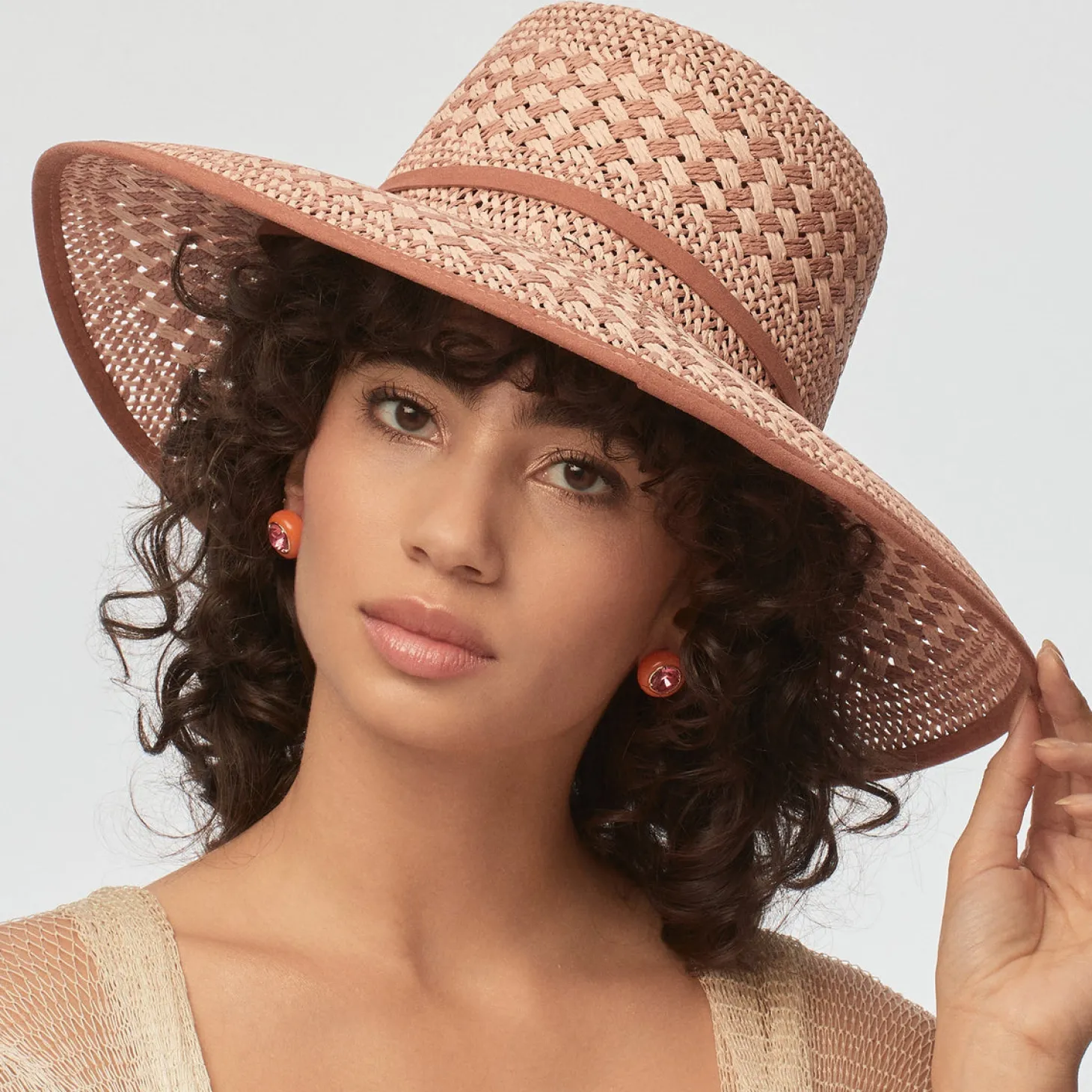 Brielle Checkered Straw Hat ~ Soft Sunset