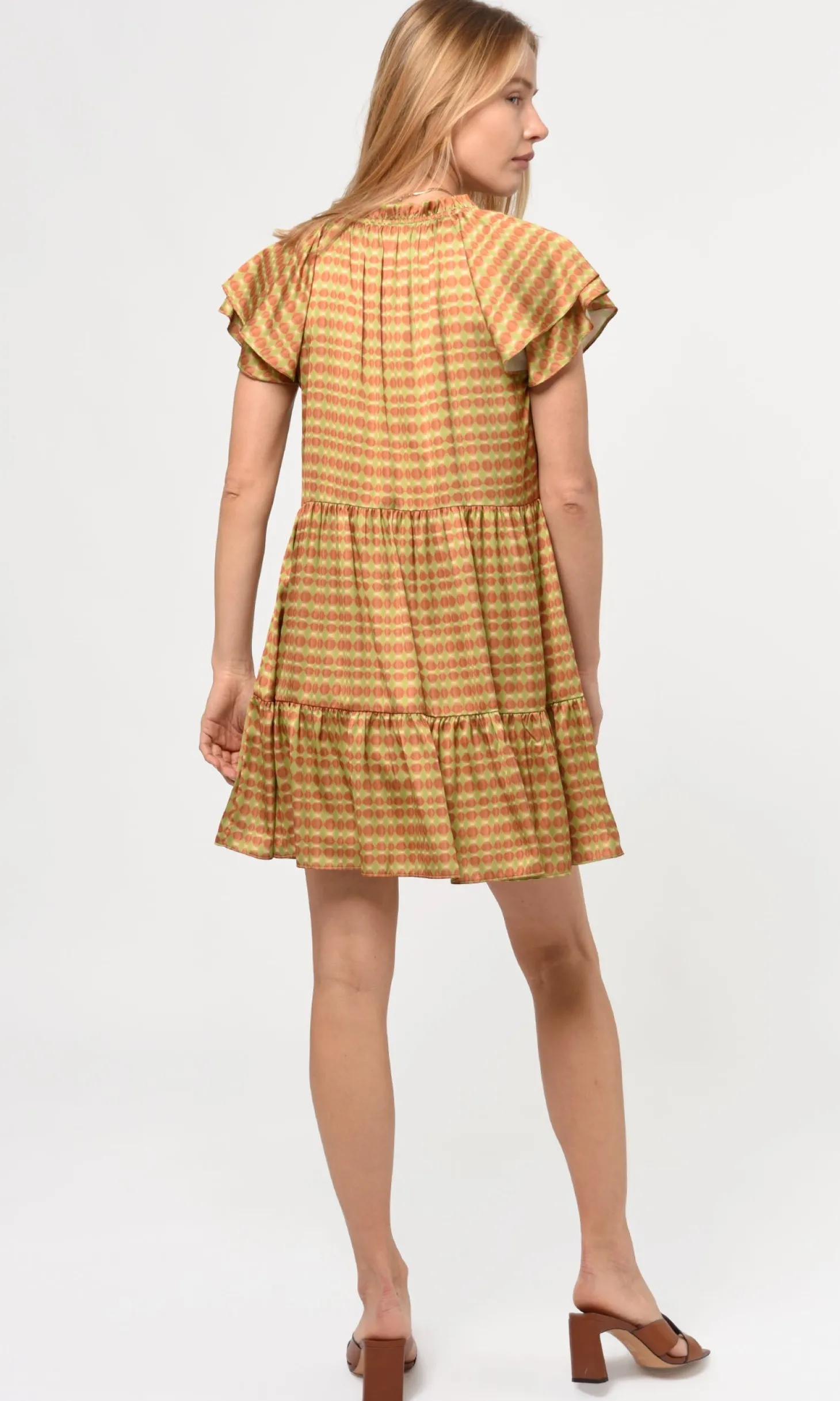 Ena Pull Over Flutter Sleeve Printed Dress ~ Copper