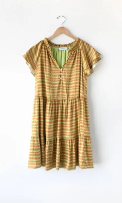 Ena Pull Over Flutter Sleeve Printed Dress ~ Copper