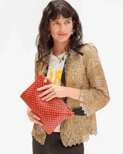 Flat Clutch W/ Tabs Woven Checker ~ Bright Poppy Bordeaux