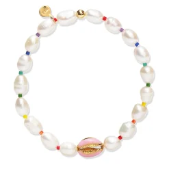Hand Made Pearl Bracelet With Sea Shell And Rainbow Accents