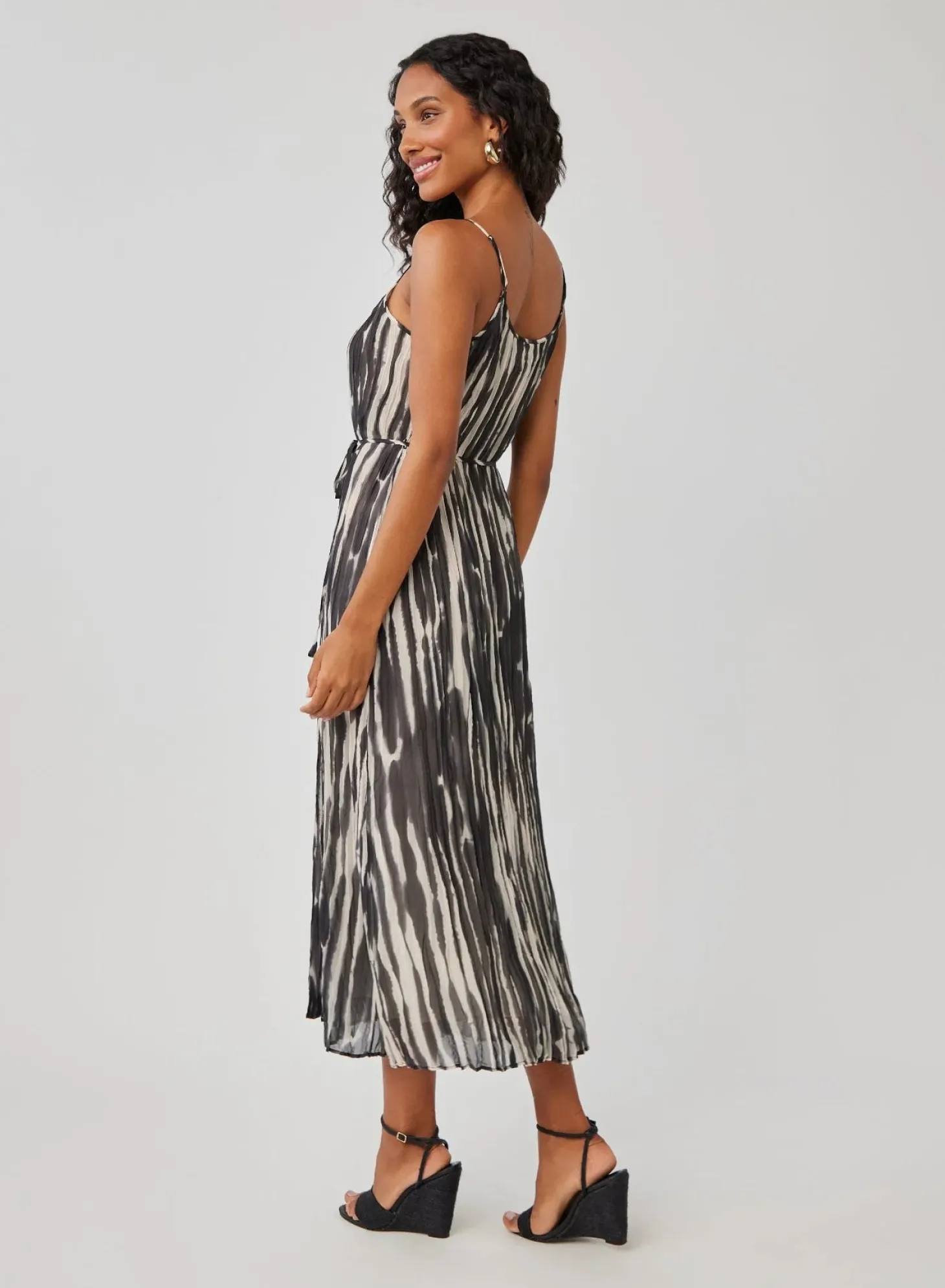 Midi Pleated Cami Dress - Brushed Stripe Print