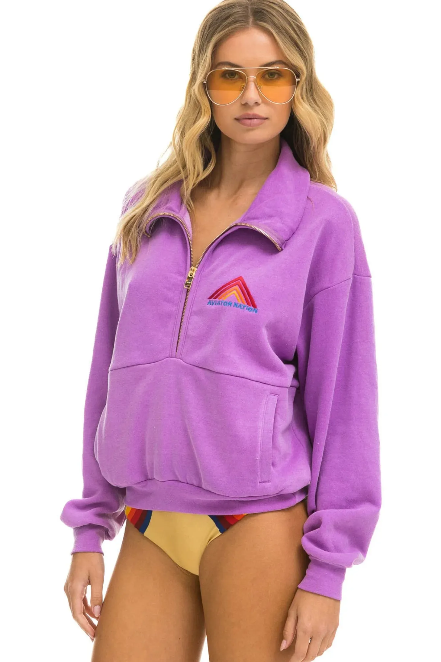 Mountain Embroidery Half Zip Sweatshirt ~ Neon Purple