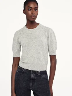 Pointelle Puff Sleeve Sweater ~ Light Heather Grey