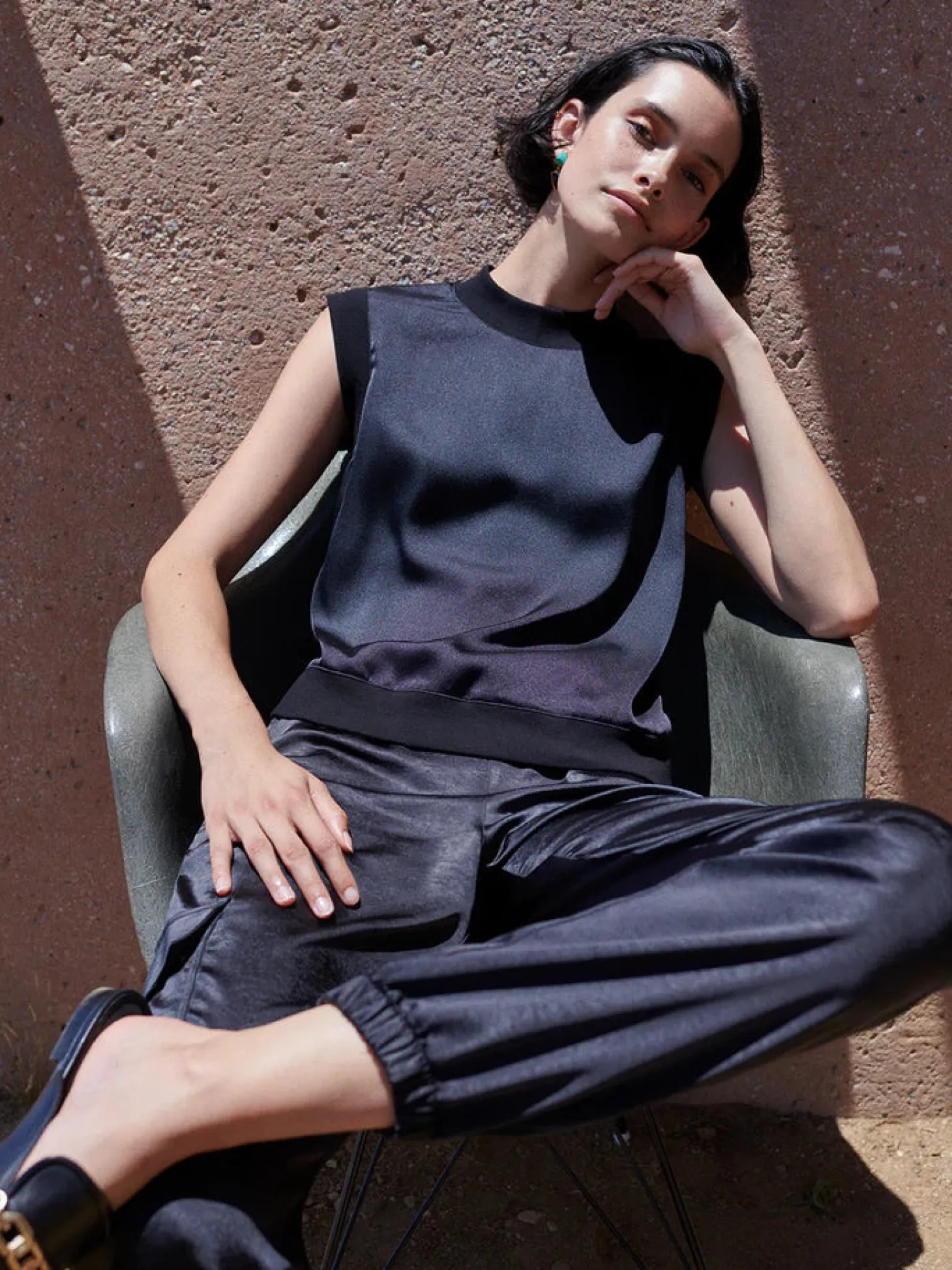 Satin Mixed Media Shell Top ~ Black