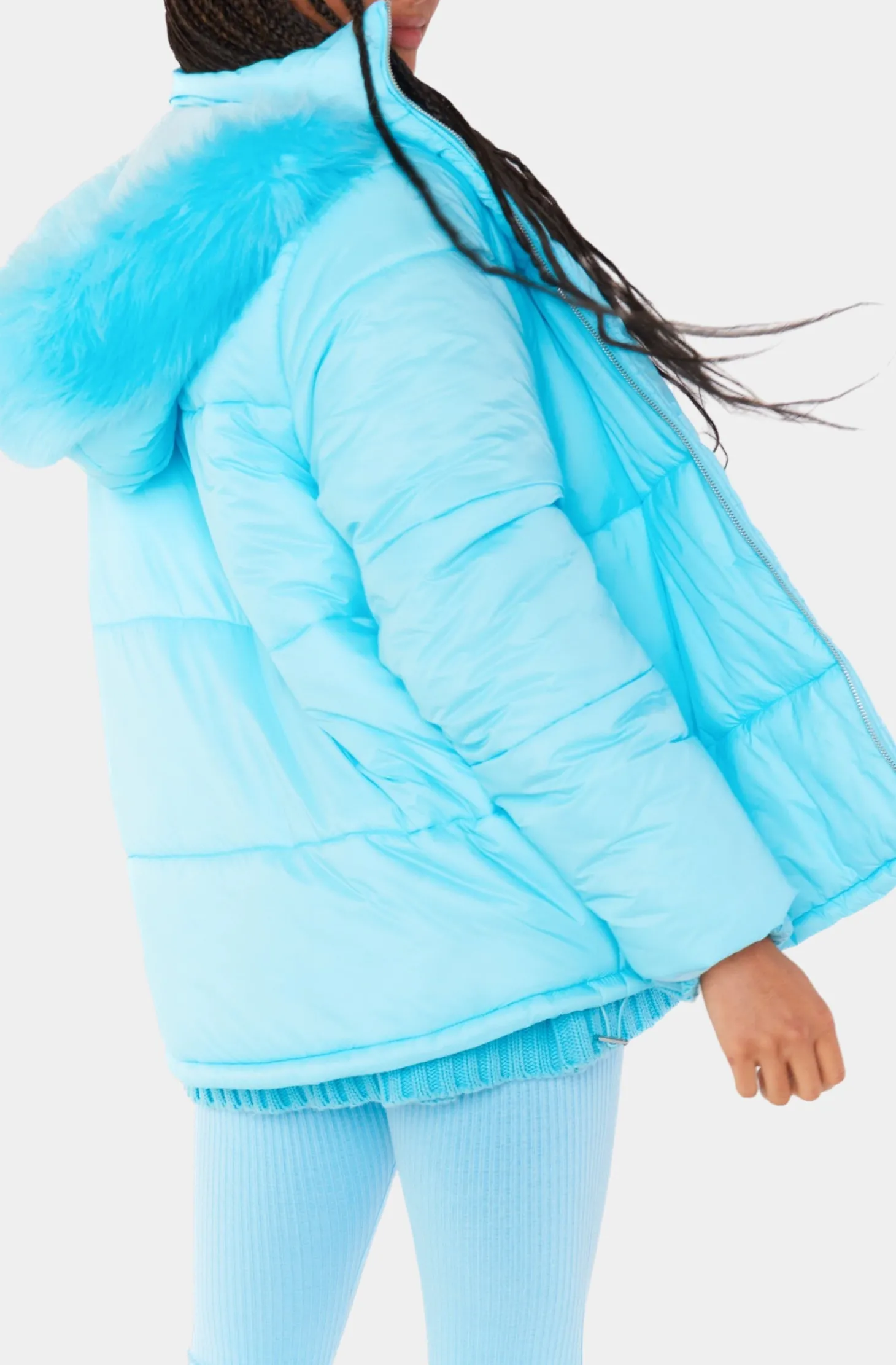 Snowbird Puffer Jacket -Powder Blue with Faux Fur