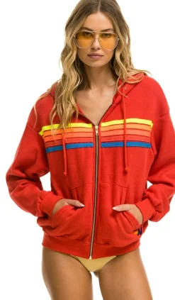 5 Stripe Relaxed Zip Hoodie ~ Red// Neon Rainbow