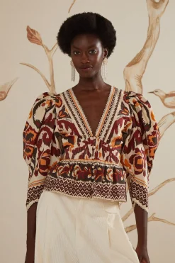 Toucans Scarf Puff Sleeve Blouse ~ Cream