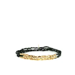 Triple Strand Square Beaded Stretch Bracelet ~ Gold/Black