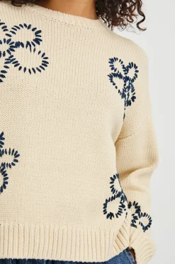 Zoey Sweater ~ Ivory Navy Stitched Daisies