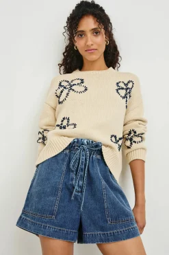 Zoey Sweater ~ Ivory Navy Stitched Daisies