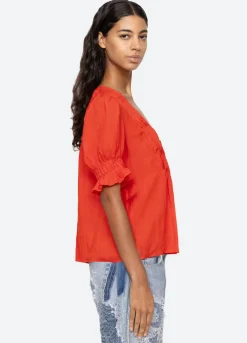 Zora Short Sleeve Button Down Top ~ Chili