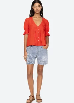 Zora Short Sleeve Button Down Top ~ Chili